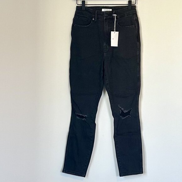NWT Good American Black Wash Ripped Knees Skinny Jeans - Size: 4/27 - Picture 1 of 8